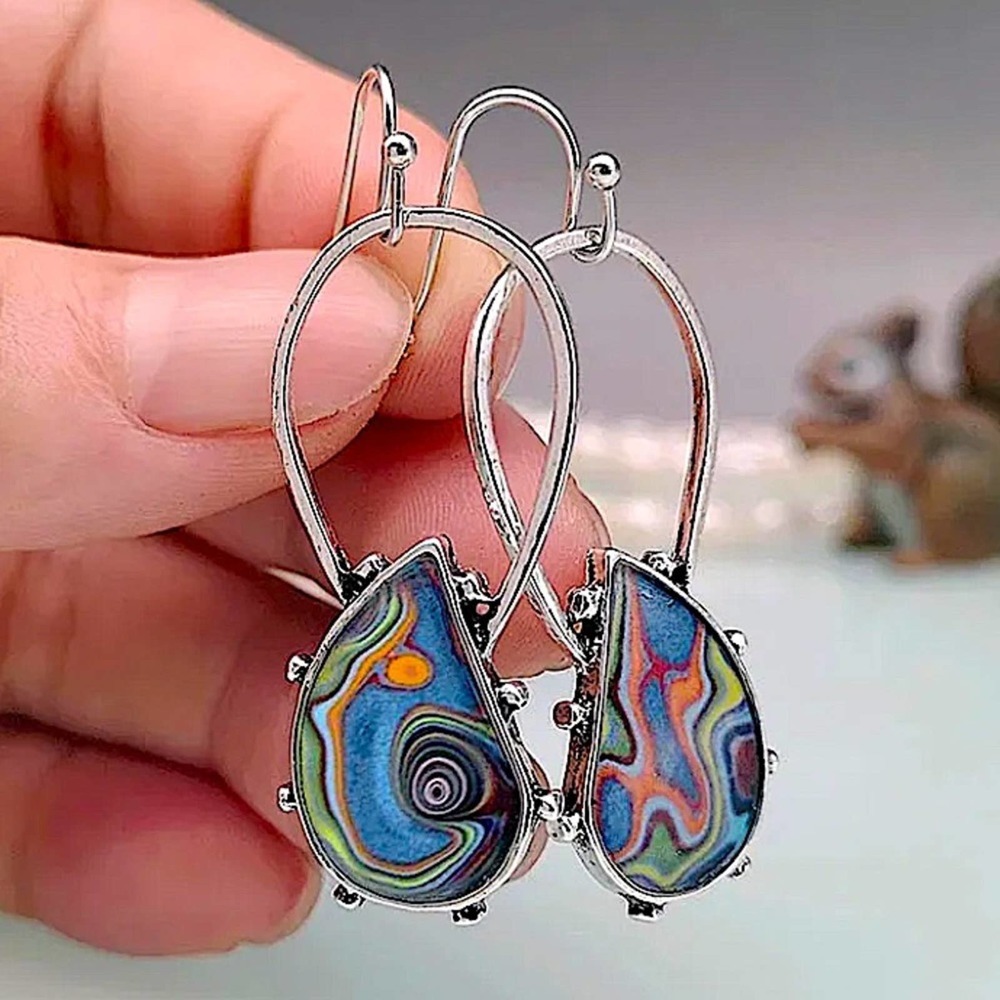 Silver Resin tribal Swirl Multicolor Dangle Boho Earrings - Picture 2 of 3